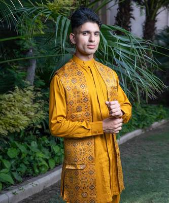 Mustard printed sunheri nehru jackets 2
