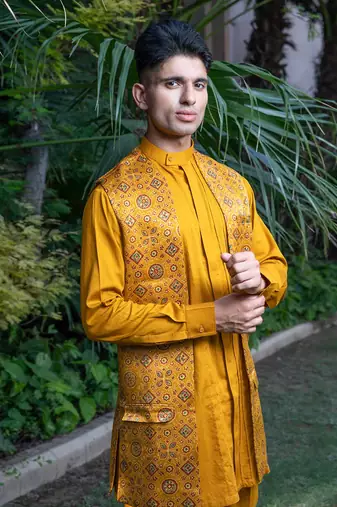 Mustard printed sunheri nehru jackets
