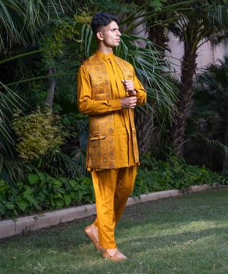 Mustard printed sunheri nehru jackets 3