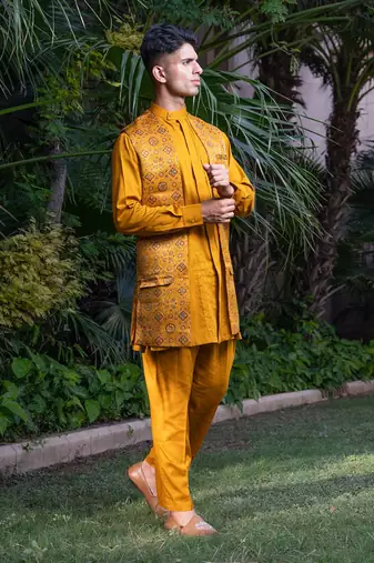 Mustard printed sunheri nehru jackets