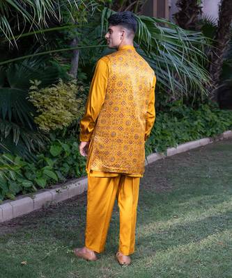 Mustard printed sunheri nehru jackets 4