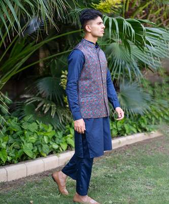 Navy blue printed neelam nehru jackets 2
