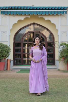 Voolka Lavender Floral Print Gown with Embroidered Dupatta | Faux Georgette | Half Sleeves | Fancy Neckline 1