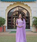 Voolka Lavender Floral Print Gown with Embroidered Dupatta | Faux Georgette | Half Sleeves | Fancy Neckline