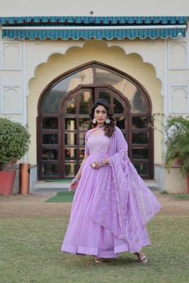 Voolka Lavender Floral Print Gown with Embroidered Dupatta | Faux Georgette | Half Sleeves | Fancy Neckline 2