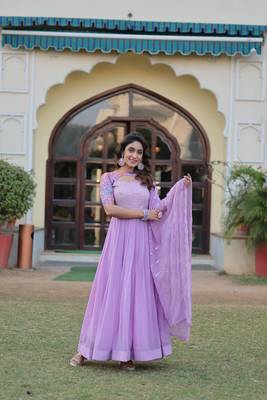 Voolka Lavender Floral Print Gown with Embroidered Dupatta | Faux Georgette | Half Sleeves | Fancy Neckline 3