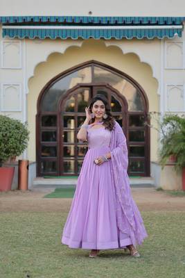 Voolka Lavender Floral Print Gown with Embroidered Dupatta | Faux Georgette | Half Sleeves | Fancy Neckline 5