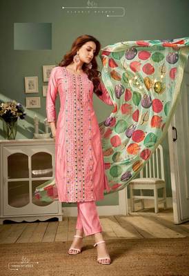Peach heavy embroidery full stitched silk suits 1