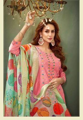 Peach heavy embroidery full stitched silk suits 2
