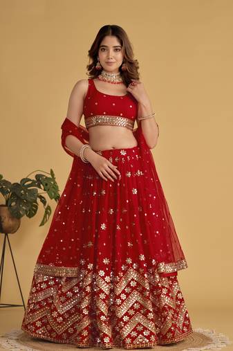 RED SEQUINS & ZARI EMBROIDERED GEORGETTE DESIGNER BRIDAL WEDDING & PARTY WEAR FESTIVAL SEMI STITCHED LEHENGA
