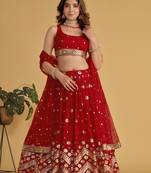 RED SEQUINS & ZARI EMBROIDERED GEORGETTE DESIGNER BRIDAL WEDDING & PARTY WEAR FESTIVAL SEMI STITCHED LEHENGA