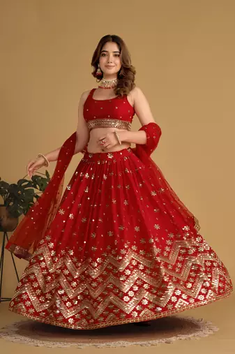 RED SEQUINS & ZARI EMBROIDERED GEORGETTE DESIGNER BRIDAL WEDDING & PARTY WEAR FESTIVAL SEMI STITCHED LEHENGA