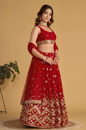 RED SEQUINS & ZARI EMBROIDERED GEORGETTE DESIGNER BRIDAL WEDDING & PARTY WEAR FESTIVAL SEMI STITCHED LEHENGA