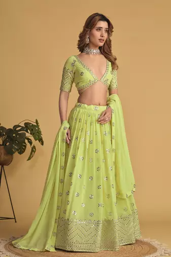 NEON SEQUINS & ZARI EMBROIDERED GEORGETTE DESIGNER BRIDAL WEDDING & PARTY WEAR FESTIVAL SEMI STITCHED LEHENGA