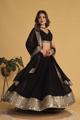 BLACK SEQUINS & ZARI EMBROIDERED GEORGETTE DESIGNER BRIDAL WEDDING & PARTY WEAR FESTIVAL SEMI STITCHED LEHENGA 1
