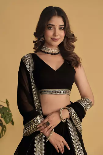 BLACK SEQUINS & ZARI EMBROIDERED GEORGETTE DESIGNER BRIDAL WEDDING & PARTY WEAR FESTIVAL SEMI STITCHED LEHENGA