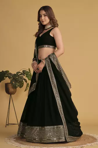 BLACK SEQUINS & ZARI EMBROIDERED GEORGETTE DESIGNER BRIDAL WEDDING & PARTY WEAR FESTIVAL SEMI STITCHED LEHENGA