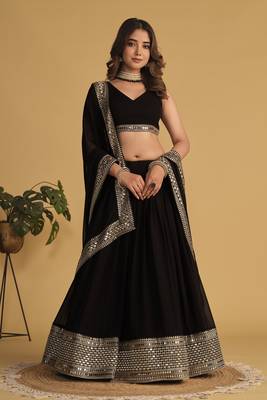 BLACK SEQUINS & ZARI EMBROIDERED GEORGETTE DESIGNER BRIDAL WEDDING & PARTY WEAR FESTIVAL SEMI STITCHED LEHENGA 6
