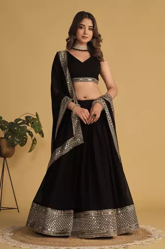 BLACK SEQUINS & ZARI EMBROIDERED GEORGETTE DESIGNER BRIDAL WEDDING & PARTY WEAR FESTIVAL SEMI STITCHED LEHENGA