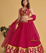 RANI PINK SEQUINS & ZARI EMBROIDERED GEORGETTE DESIGNER BRIDAL WEDDING & PARTY WEAR FESTIVAL SEMI STITCHED LEHENGA