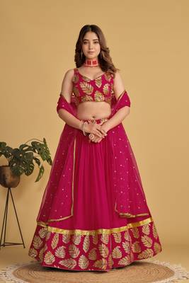 RANI PINK SEQUINS & ZARI EMBROIDERED GEORGETTE DESIGNER BRIDAL WEDDING & PARTY WEAR FESTIVAL SEMI STITCHED LEHENGA 6