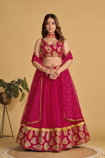 RANI PINK SEQUINS & ZARI EMBROIDERED GEORGETTE DESIGNER BRIDAL WEDDING & PARTY WEAR FESTIVAL SEMI STITCHED LEHENGA