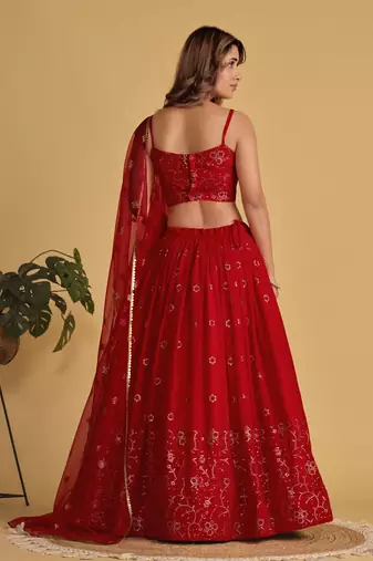 RED SEQUINS & THREAD EMBROIDERED GEORGETTE DESIGNER BRIDAL WEDDING & PARTY WEAR FESTIVAL SEMI STITCHED LEHENGA