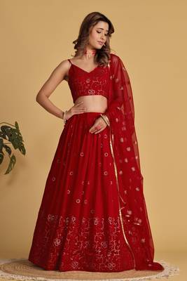 RED SEQUINS & THREAD EMBROIDERED GEORGETTE DESIGNER BRIDAL WEDDING & PARTY WEAR FESTIVAL SEMI STITCHED LEHENGA 6