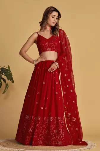 RED SEQUINS & THREAD EMBROIDERED GEORGETTE DESIGNER BRIDAL WEDDING & PARTY WEAR FESTIVAL SEMI STITCHED LEHENGA