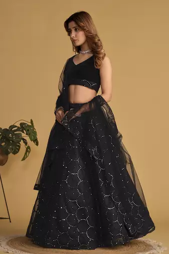 BLACK SEQUINS & THREAD EMBROIDERED NET DESIGNER BRIDAL WEDDING & PARTY WEAR FESTIVAL SEMI STITCHED LEHENGA