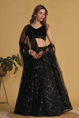 BLACK SEQUINS & THREAD EMBROIDERED NET DESIGNER BRIDAL WEDDING & PARTY WEAR FESTIVAL SEMI STITCHED LEHENGA 6