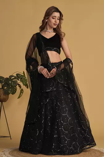 BLACK SEQUINS & THREAD EMBROIDERED NET DESIGNER BRIDAL WEDDING & PARTY WEAR FESTIVAL SEMI STITCHED LEHENGA