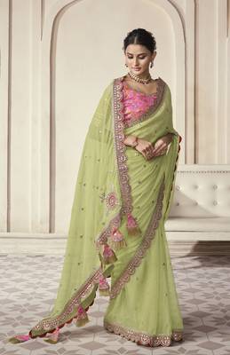 Parrot Thread Dori Zari And Foil Embroidered Organza Party Wear Festival Saree 1