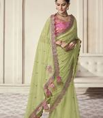 Parrot Thread Dori Zari And Foil Embroidered Organza Party Wear Festival Saree