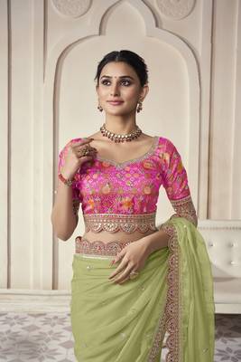 Parrot Thread Dori Zari And Foil Embroidered Organza Party Wear Festival Saree 2