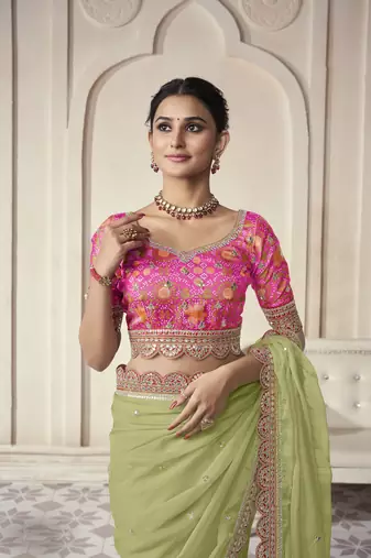 Parrot Thread Dori Zari And Foil Embroidered Organza Party Wear Festival Saree