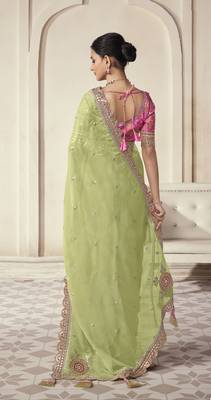 Parrot Thread Dori Zari And Foil Embroidered Organza Party Wear Festival Saree 3