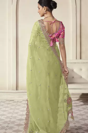Parrot Thread Dori Zari And Foil Embroidered Organza Party Wear Festival Saree