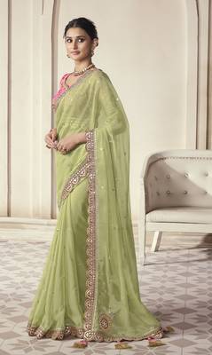 Parrot Thread Dori Zari And Foil Embroidered Organza Party Wear Festival Saree 4