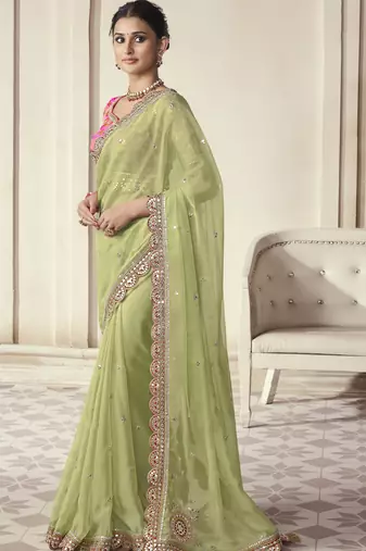 Parrot Thread Dori Zari And Foil Embroidered Organza Party Wear Festival Saree