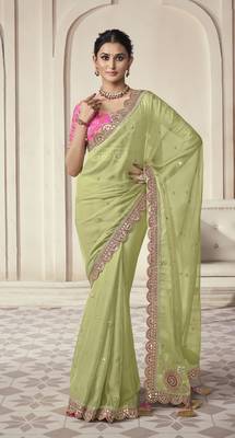 Parrot Thread Dori Zari And Foil Embroidered Organza Party Wear Festival Saree 5