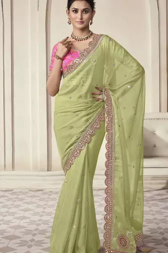 Parrot Thread Dori Zari And Foil Embroidered Organza Party Wear Festival Saree