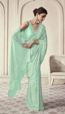Aqua Green Thread And Sequins Embroidered Georgette Party Wear Festival Saree 1