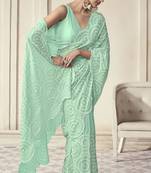 Aqua Green Thread And Sequins Embroidered Georgette Party Wear Festival Saree