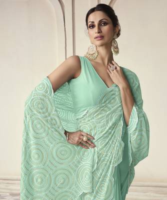 Aqua Green Thread And Sequins Embroidered Georgette Party Wear Festival Saree 2