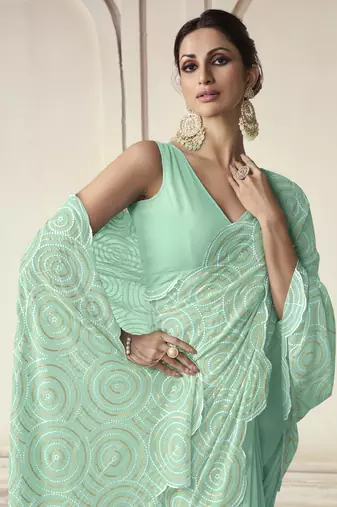 Aqua Green Thread And Sequins Embroidered Georgette Party Wear Festival Saree
