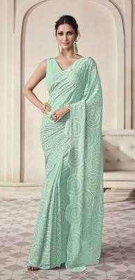 Aqua Green Thread And Sequins Embroidered Georgette Party Wear Festival Saree 4