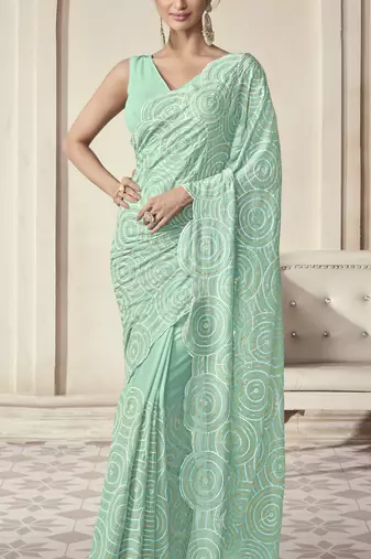 Aqua Green Thread And Sequins Embroidered Georgette Party Wear Festival Saree