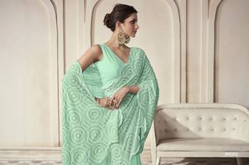 Aqua Green Thread And Sequins Embroidered Georgette Party Wear Festival Saree 5