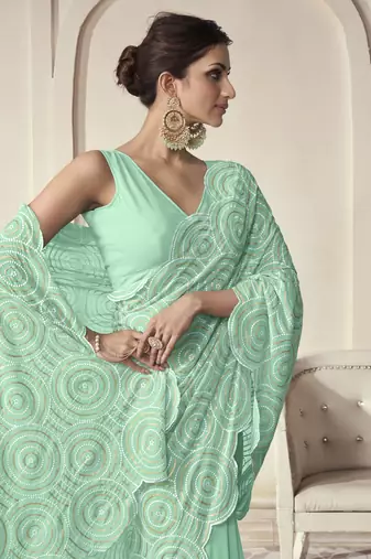 Aqua Green Thread And Sequins Embroidered Georgette Party Wear Festival Saree